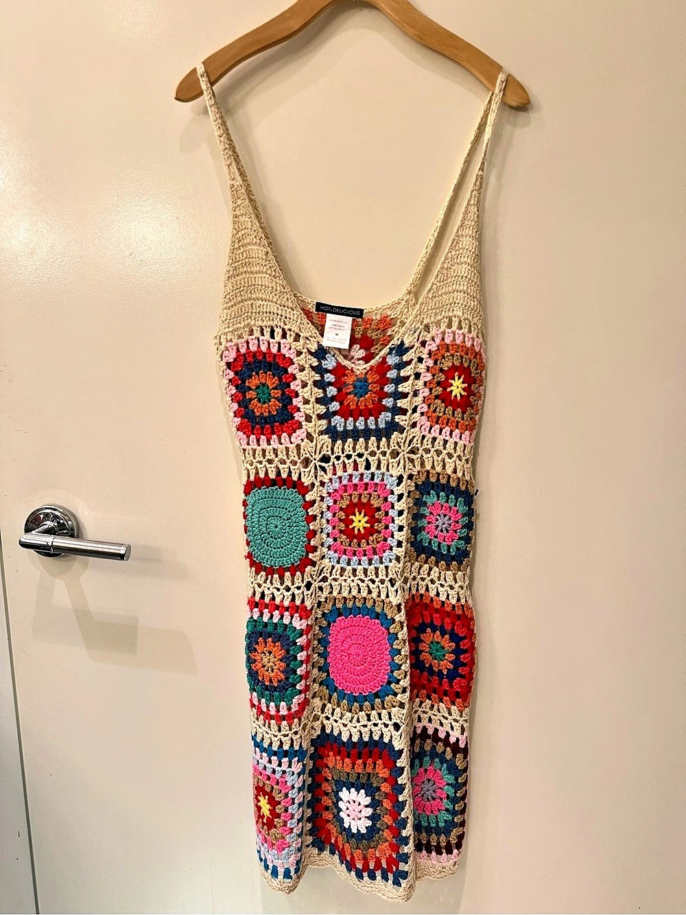 Miss Lola Hot & Delicious Crochet Mini Dress Multicolor & Cream Medium NWT